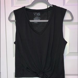 A black v neck front tie athletic shirt